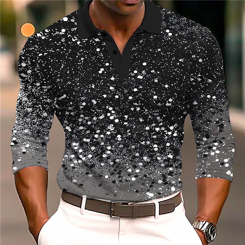 Men's Graphic Polo Shirts Golf Shirt Long Sleeve Polo Shirts Collared Shirts Casual Vacation Wear Rave Wear Party Outfits 3D Print Buttons Fall & Winter Black White Gray2