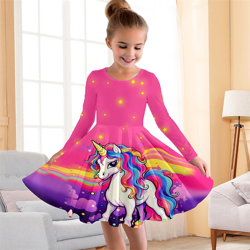 Girls' 3D Floral Rainbow Dress Pink Long Sleeve 3D Print Fall Winter Vacation Sports & Outdoor Daily Cute Casual Beautiful Kids 3-12 Years Casual Dress A Line Dress Above Knee Regular Fit2