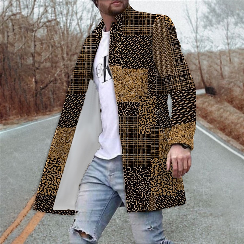 Men's Floral Color Block Graphic Prints Winter Coat Overcoat Coat Warm Comfortable Breathable Fashion Streetwear Business Work Wear to work Going out Pocket Print Fall & Winter Turndown Long Sleeve