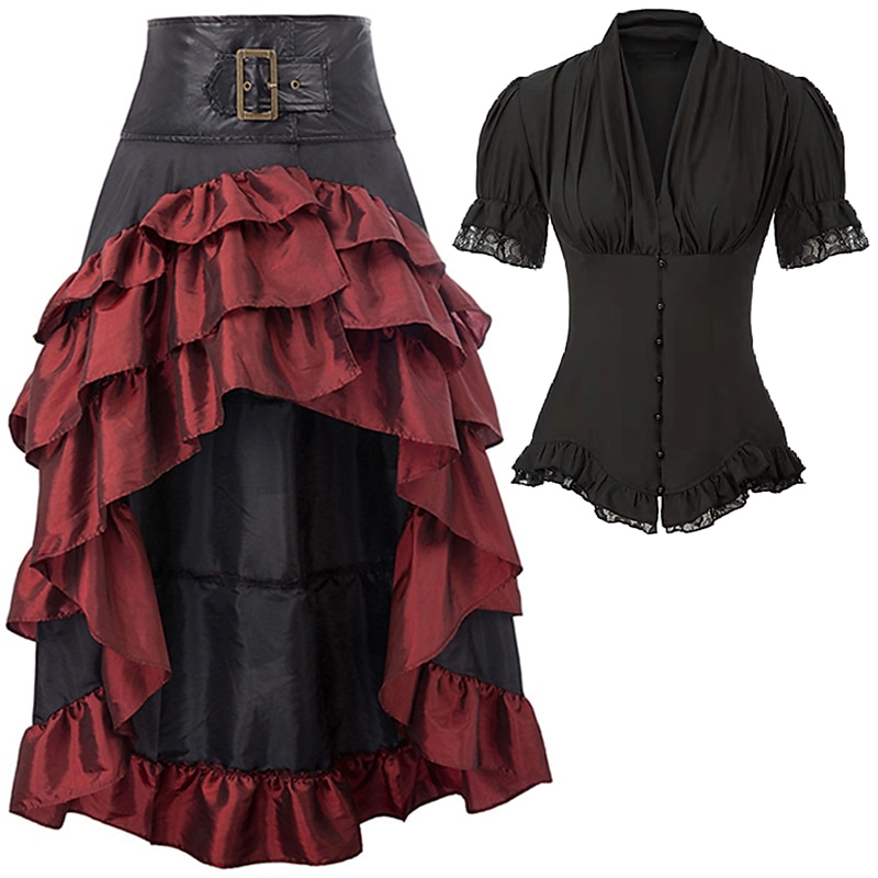 Retro Vintage Medieval Renaissance Skirt Blouse / Shirt Corset Pirate Elven Fancy Dress Women's Pirate Fantasy Steampunk Casual Daily Adults' Skirts Shirt