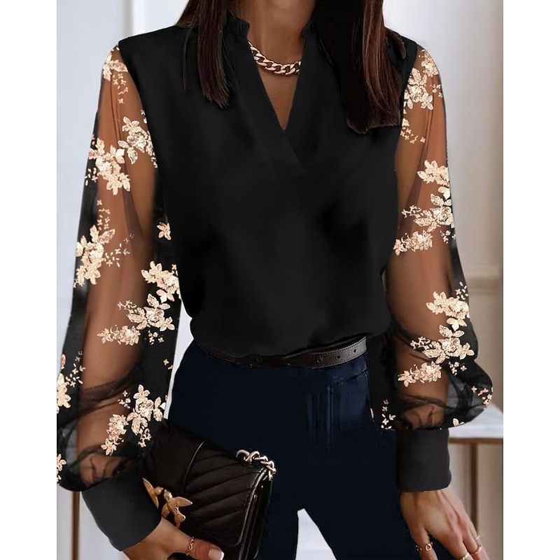 Women's Lace Shirt Blouse Eyelet top White Lace Shirt Elegant Color Block Lace Patchwork Puff Sleeve Long Sleeve V Neck Casual Denim Blue Black White Khaki Fall2