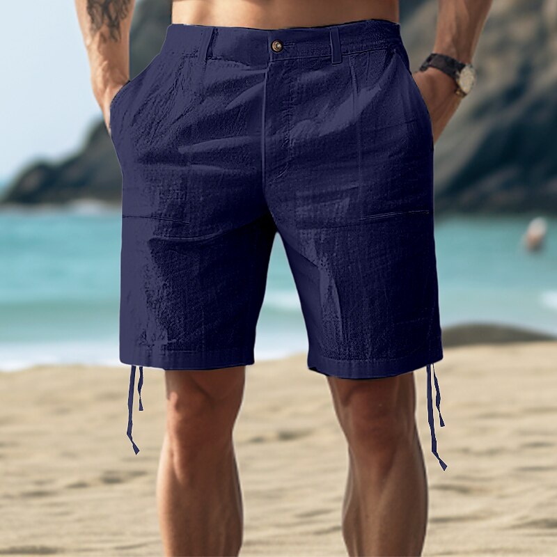 Men's Shorts Linen Shorts Summer Shorts Buttons Pocket Plain Comfort Breathable Short Casual Daily Holiday Fashion Designer White Navy Blue4