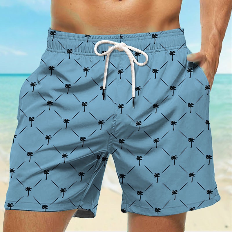 Men's Coconut Tree Geometric Pattern Swim Trunks Swim Shorts Board Shorts Mid Waist Hawaiian Casual Holiday Beach Drawstring with Mesh lining Elastic Waist Designer Clothing Apparel3