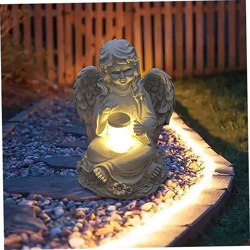 Garden Angel Statyes, Angel Fairy Statuette with Solar Light, Garden Resin Angel Figurines Ornament Angel Decoration for Lawn Cemetery Memorial Gifts, Guardian Angel Garden Statuette-Girl2