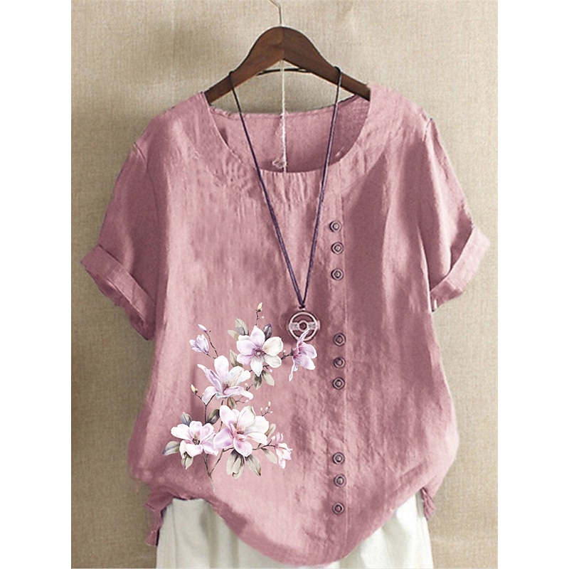 Women's 100% Shirt Blouse Floral Linen Vintage Basic Holiday Short Sleeve Crew Neck Regular Tops Daily Buttons Print White Yellow Pink Lavender Green Summer Spring2