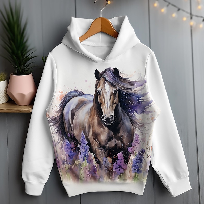 Girls' 3D Floral Horse Hoodie Pullover Long Sleeve 3D Print Spring Fall Active Fashion Cute Kids 3-12 Years Hooded Outdoor Casual Daily Regular Fit4