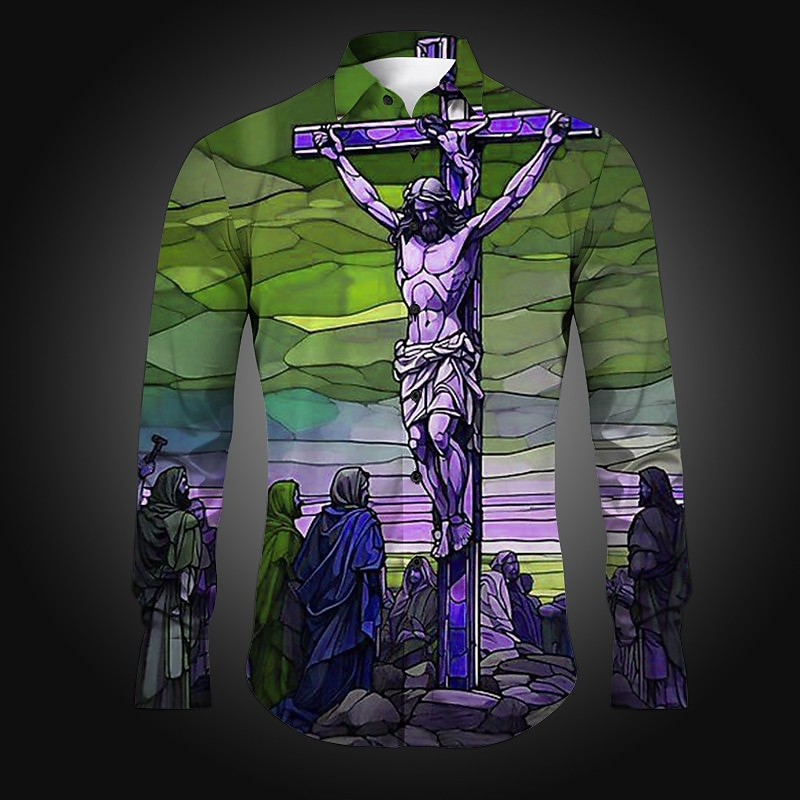 Men's Jesus Shirt Button Up Shirt Long Sleeve Vintage Artistic Daily Wear Going out Spring Turndown Print Button-Down Burgundy Navy Blue Blue Dark Green Green3