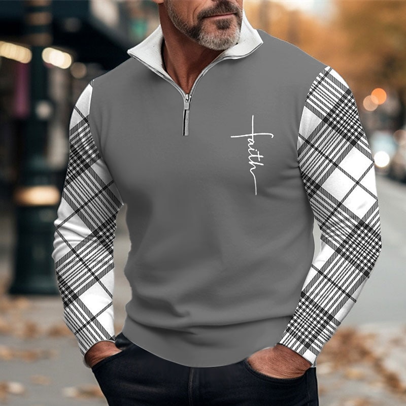 Men's Plaid Faith Zip Polo Golf Polos Shirts Long Sleeve Polo Shirts Zip Business Outdoor Casual Daily Streetwear 3D Print Fall & Winter Black White Dark Navy4