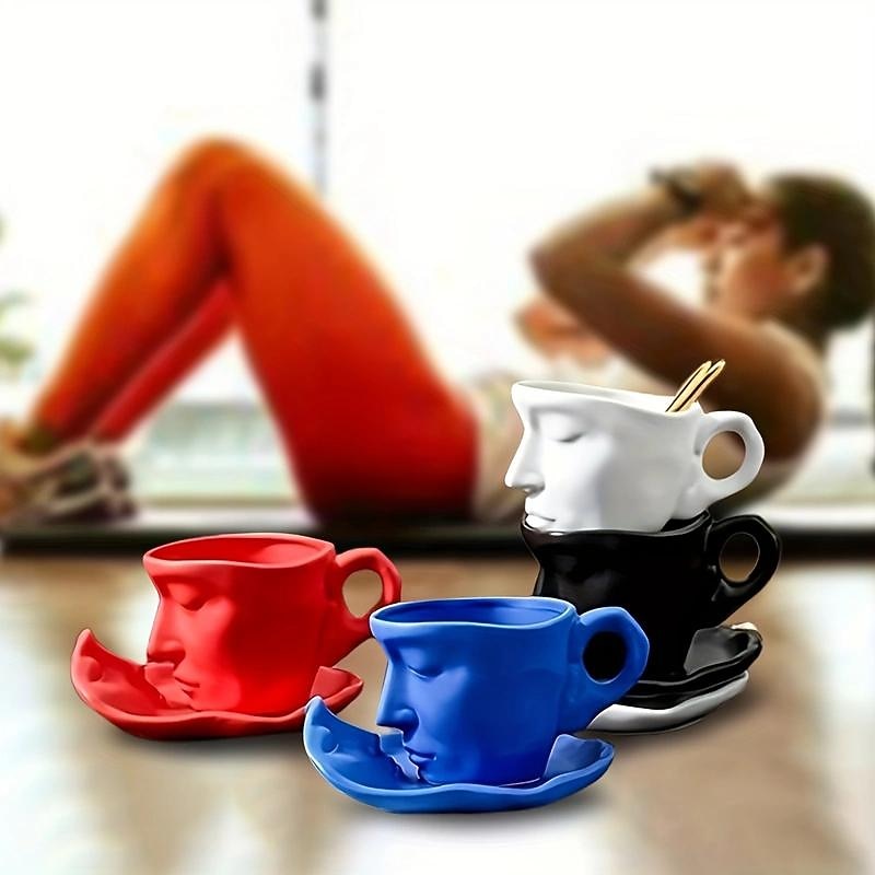 Unique Face Shaped Water Cup With Saucer, Creative Coffee Cup Set, Microwave And Dishwasher Safe3
