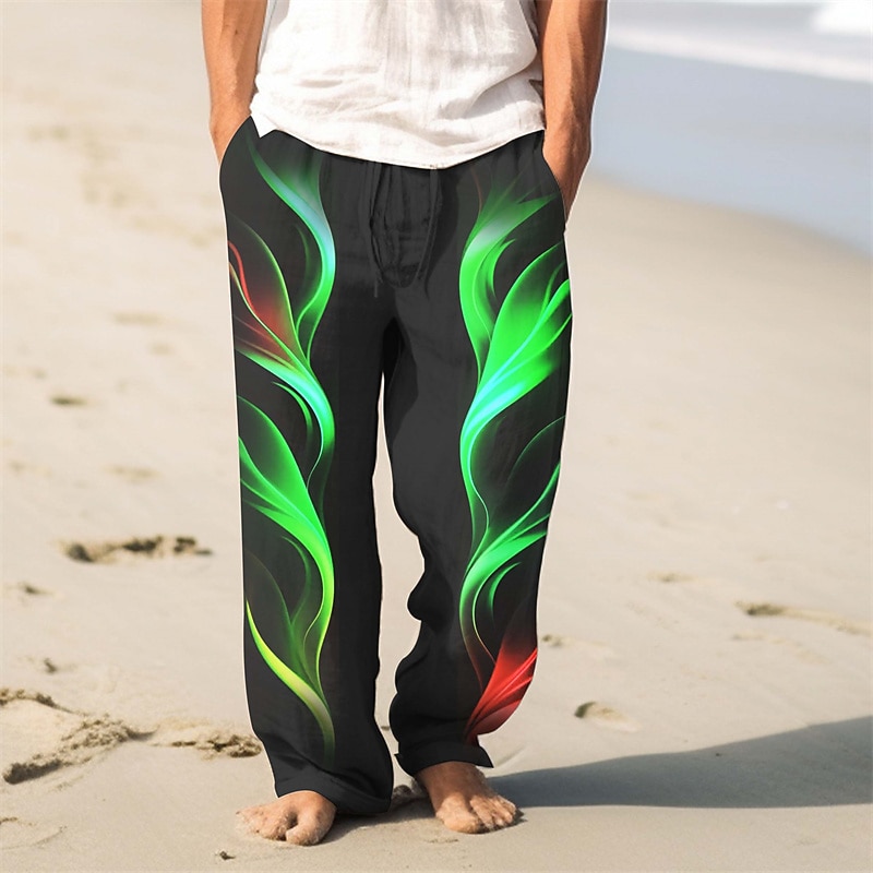 Men's Flame Linen Pants Pants Trousers Baggy Pants Mid Waist Vintage Outdoor Daily Wear Streetwear Fall & Winter Yellow Red Blue