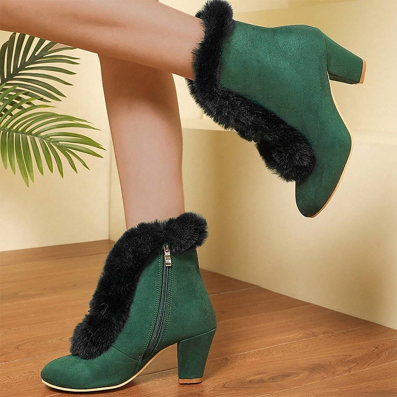 Women's Victorian Green Suede Fur-Trimmed High Heel Boots with Side Zipper - Perfect for Vintage Style and Winter Fashion3