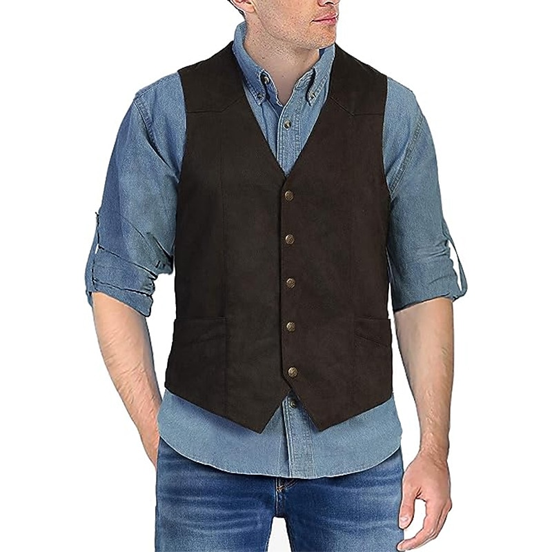 Retro Vintage Vest Waistcoat West Cowboy Solid Color V Neck Fancy Dress Men's Bachelorette Party Adults' Vest