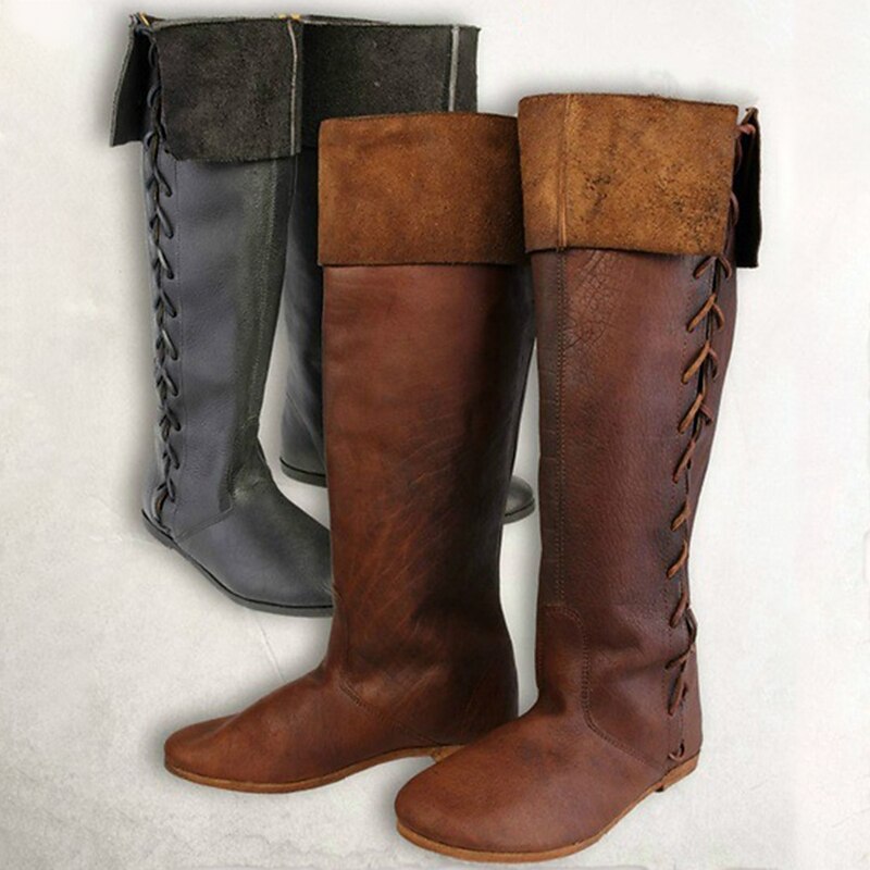 Retro Vintage Medieval Renaissance Shoes Knee High Boots Flat Jazz Boots Pirate Viking Ranger Solid Color Fancy Dress Men's Women's Pirate Halloween Carnival Masquerade Performance Adults' Shoes