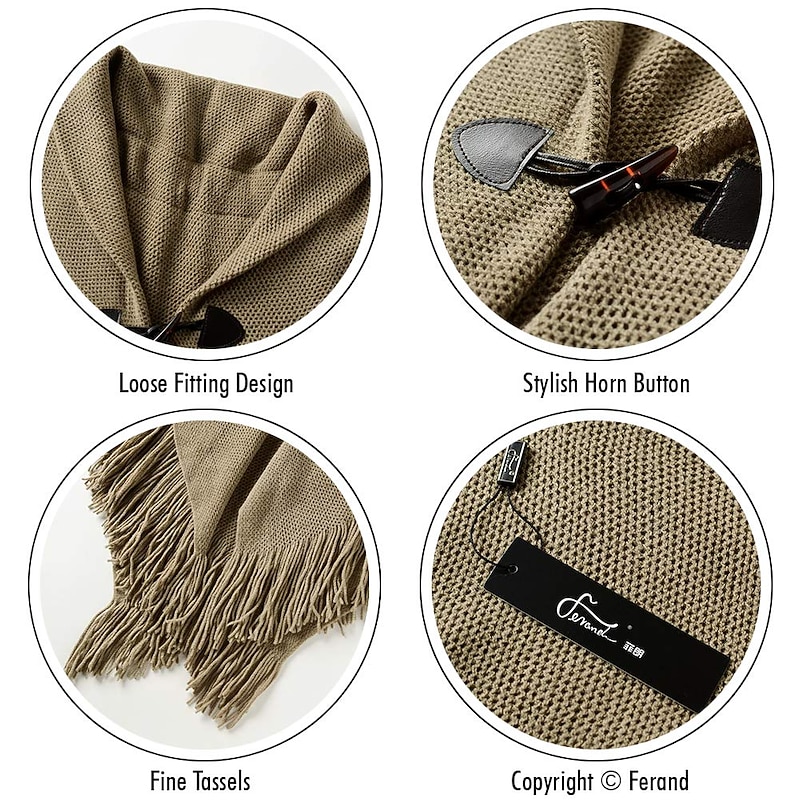 Womens Loose Fitting Poncho Cape Shawl with Stylish Horn Buttons Retro Vintage Medieval Renaissance Viking Costumes V Neckline and V Hem4