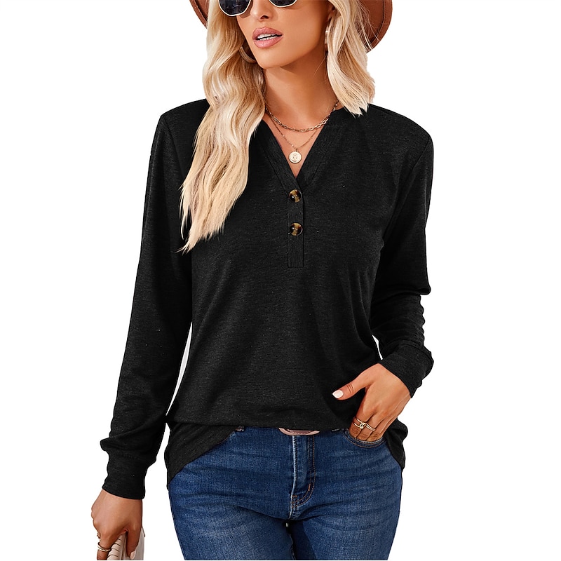 T shirt Tee Henley Shirt Women's Black White Pink Plain Button Casual Fashion V Neck Regular Fit S3