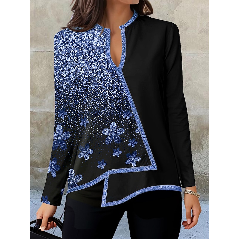 Women's 3D Print Blouse Long Sleeve Asymmetrical Hem Fashion Floral Print Asymmetric Hem Regular Tops V Neck Casual Holiday Black Silver Pink Blue Green Fall & Winter4