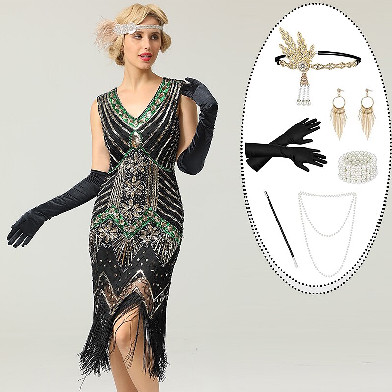 Set with Midi Flapper Dress Headband Faux Pearl Necklace Bracelet Long Opera Gloves Cigarette Holder Earings Women's Roaring 20s 1920s Outfits Cocktail Gatsby Flapper Girl Masquerade Party Costumes4