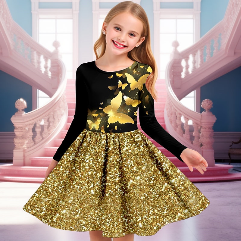 Girls' 3D Butterfly Dress Long Sleeve 3D Print Spring Fall Sports & Outdoor Daily Holiday Cute Casual Beautiful Kids 3-12 Years Casual Dress A Line Dress Above Knee Polyester Regular Fit