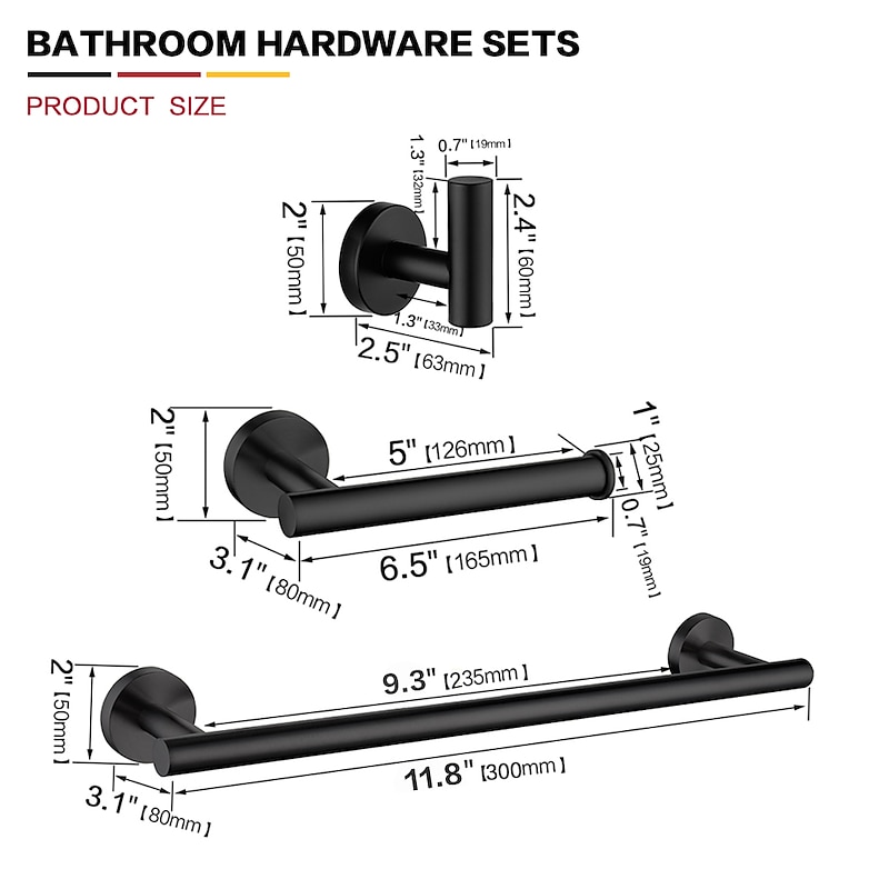 3-Piece Stainless Steel Bathroom Towel Rack Set - Includes Towel Bar, Toilet Paper Holder, and Hook - Available in 4 Finishes: Polished Chrome, Brushed Nickel, Black, and Brushed Gold4