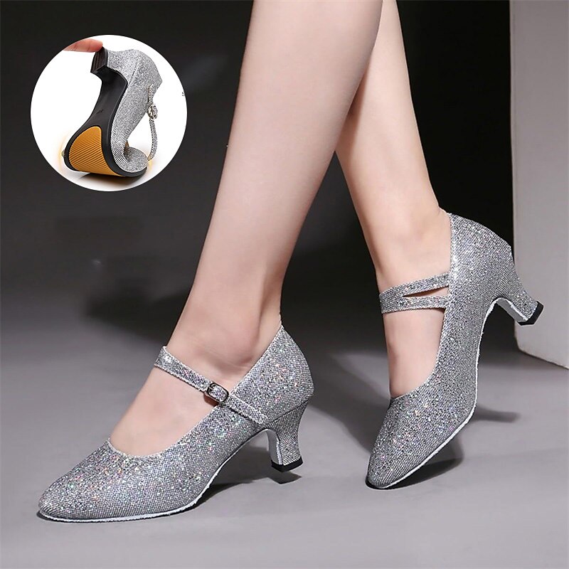 Women's Glitter Ballroom Dance Shoes – Silver Sparkly Mary Jane Heels with Adjustable Strap for Latin Tango Performance