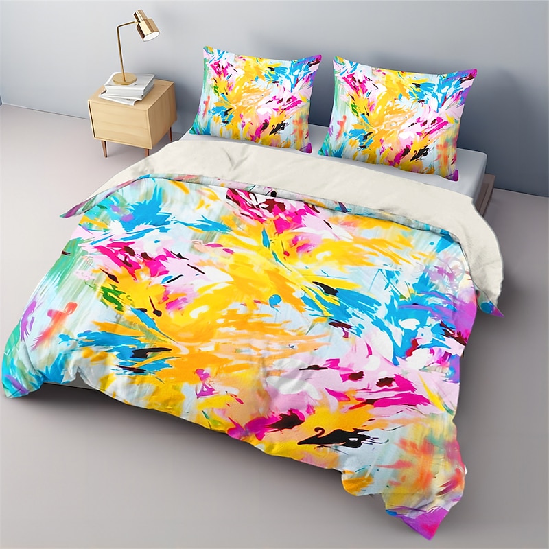 Floral Dopamine Colored  Pattern Duvet Cover Set Comforter Set Soft 3-Piece Luxury Cotton Bedding Set Home Decor Gift King Queen Full Size4