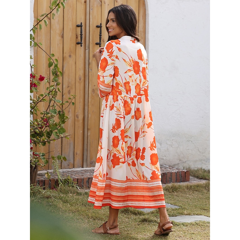 Women's Holiday Dress Loose Satin Maxi Maxi Dress Orange 3/4-Length Sleeve flowers and plants Flower / Plants Printing Spring Spring and Summer V Neck Stand Collar Dresses Vacation Dress Vacation4