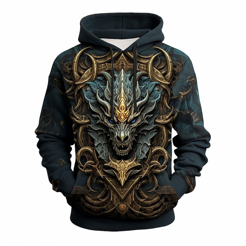 Men's Graphic Animal Dragon Hoodie Hoodies Sweatshirt Daily Basic Long Sleeve Hooded Vacation Sports Outdoor Holiday Black Yellow Print Front Pocket Spring &  Fall Designer3