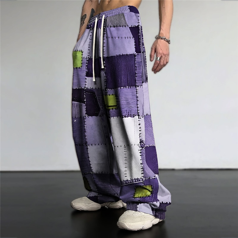 Color Block Plaid / Check Casual Men's 3D Print Pants Trousers Outdoor Daily Wear Streetwear Polyester Blue Purple Brown S M L Medium Waist Elasticity Pants4