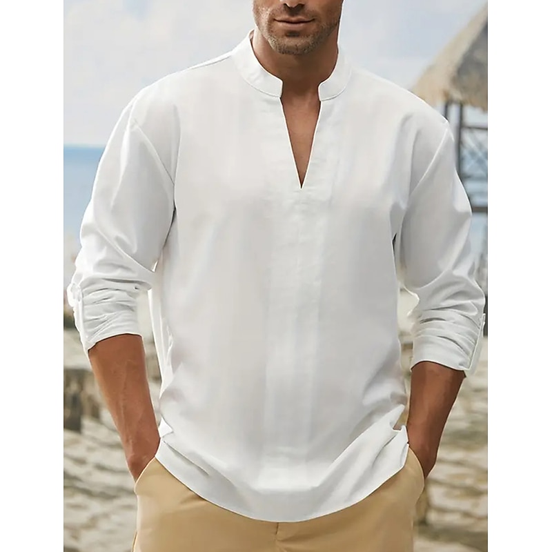 Men's Shirt Linen Shirt Cotton Linen Shirt White Cotton Shirt Chinese Collar Shirt Mandarin Collar Shirt Plain Vacation Casual White Long Sleeve V Neck Spring &  Fall Clothing Apparel