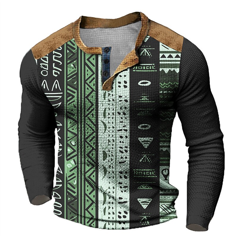 Men's Graphic Tribal Henley Shirt Waffle T Shirt Long Sleeve 3D Print Designer Casual Vintage Retro Sports Outdoor Holiday Festival Spring &  Fall Blue Red Green Khaki Gray Henley Henley T-Shirt4