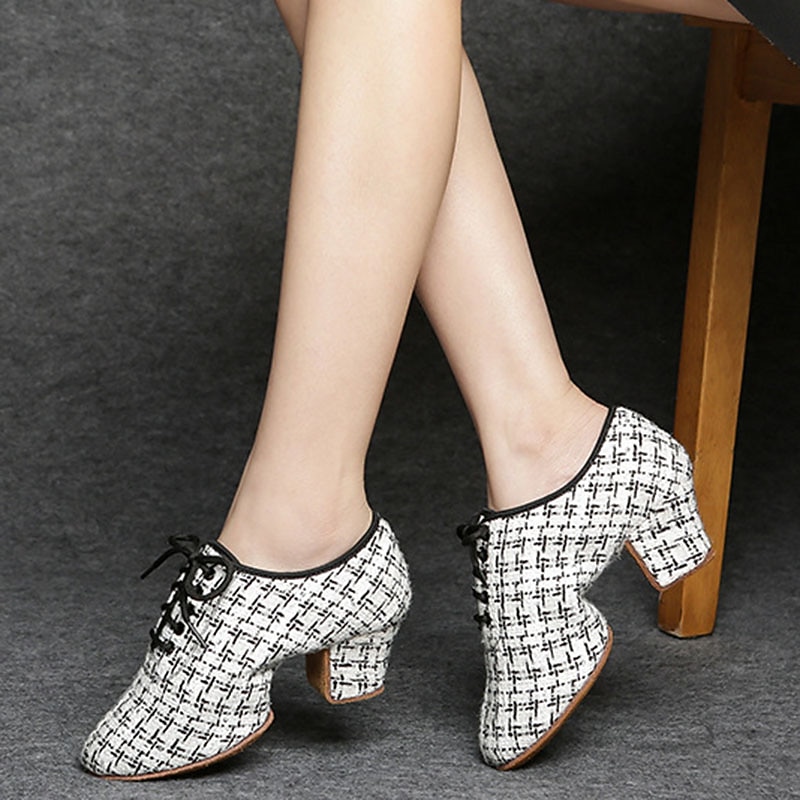 Women's Tweed Latin Dance Shoes – Lace-Up Ballroom Performance Heels with Suede Sole for Professional Dancers3