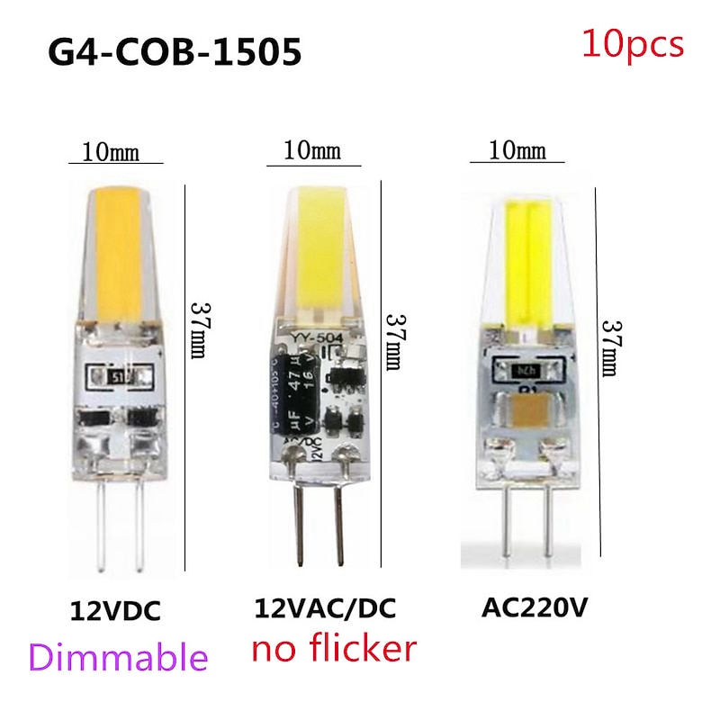 10pcs LED COB G4 3W Lamp Bulb 1505 COB Silicone Light Bulb AC/DC 12V 220V  DC12V 360 Beam Angle Replace Halogen Led Lamp Chandelier Lights