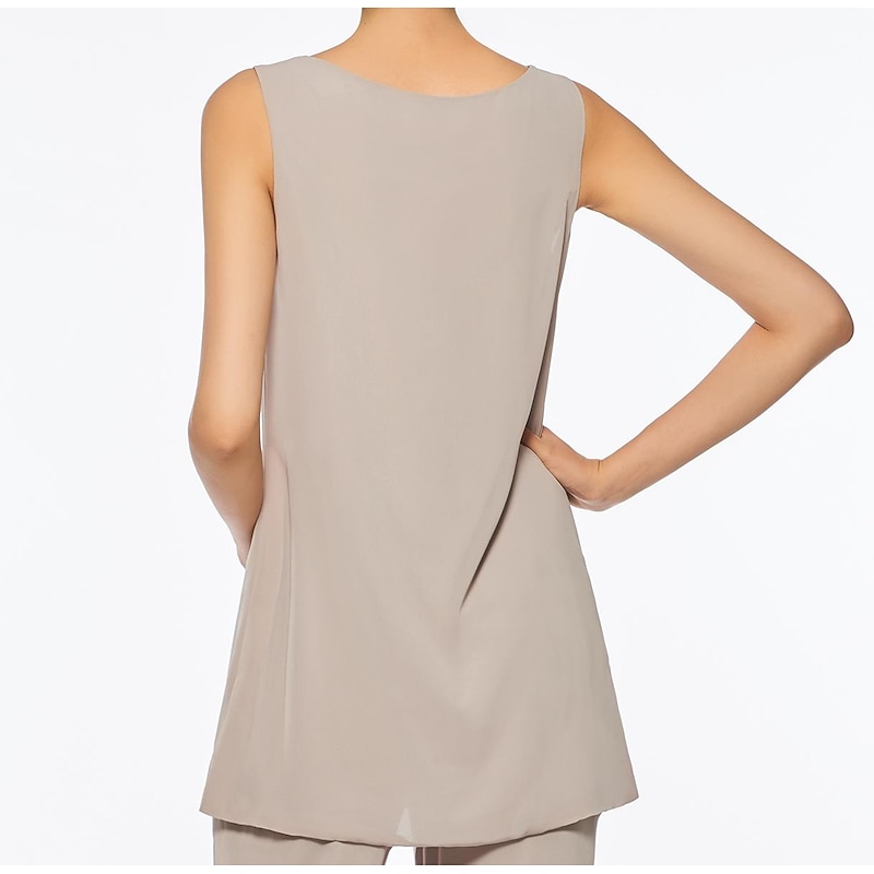 Pantsuit 3 Piece Mother of the Bride Elegant Plus Size Floor Length Chiffon Sleeveless Wrap Included with Solid Color to impress4