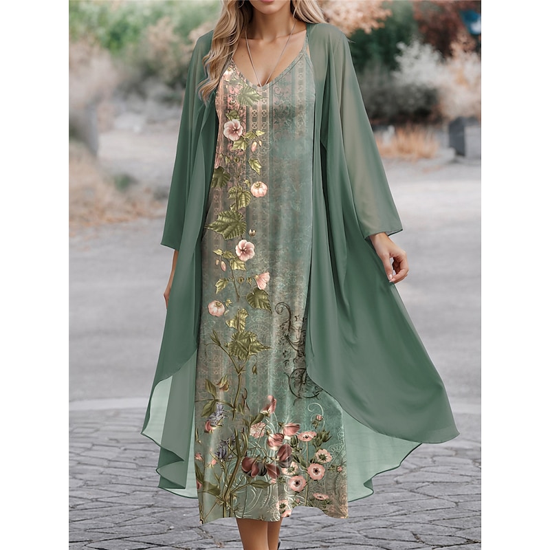 Women's Dress Set Casual Dress Chiffon Dress Swing Dress Fashion Streetwear Floral Geometric Print Long Dress Maxi Dress Long Sleeve V Neck Outdoor Vacation Black Blue Green Spring Regular Fit