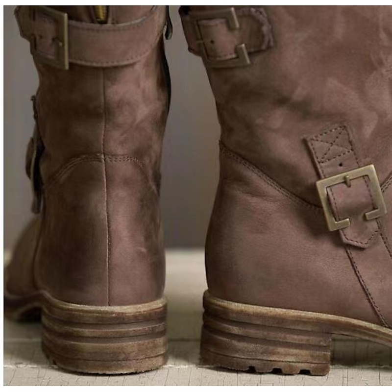 Women's Brown Faux Leather Motorcycle Boots with Buckle Straps and Faux Fur Lining - Mid-Calf Winter Boots with Zipper Closure for Casual and Outdoor Wear3