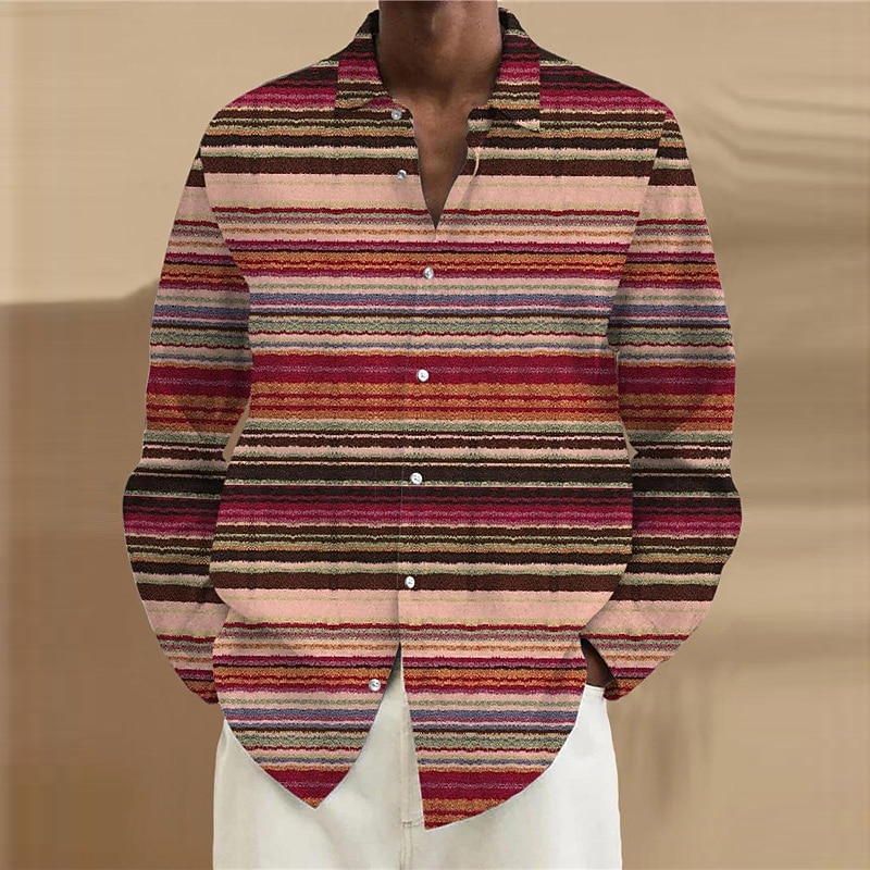 Men's Color Block Stripe Geometric Pattern Shirt Button Up Shirt Long Sleeve Vintage Tribal Daily Wear Going out Fall & Winter Turndown Print Button-Down Blue Rainbow2