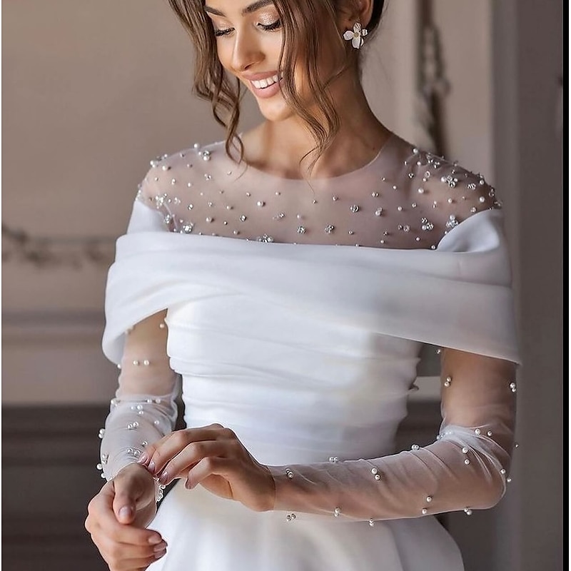 Beach Simple Wedding Dresses Formal Wedding Dresses A-Line Illusion Neck Long Sleeve Floor Length Tulle Bridal Gowns With Ruched Beading 2025 2025 - $