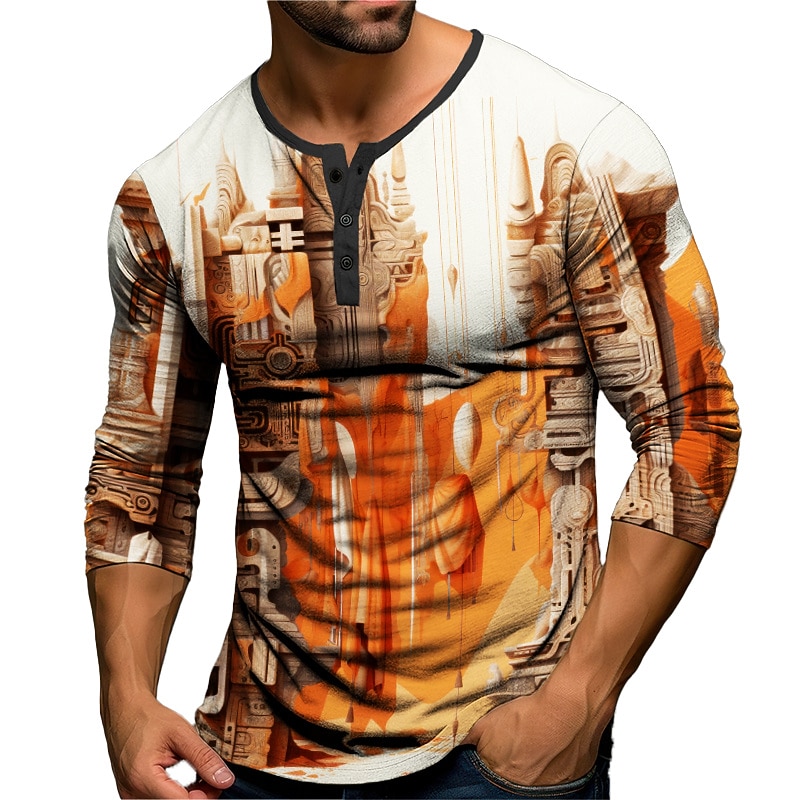Men's Halloween Graphic Building Henley Shirt Long Sleeve 3D Print Fashion Daily Casual Casual Holiday Going out Spring &  Fall Red Blue Orange Green Henley Henley T-Shirt