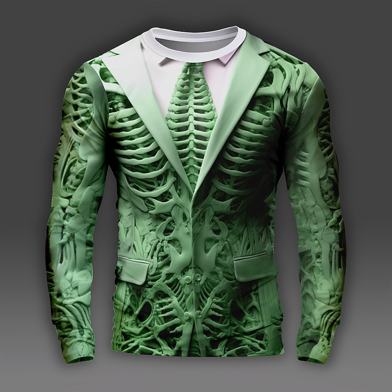 Men's Graphic Skull Bone Skeleton Skulls Long Sleeve T shirt 3D Print Crew Neck Shirt Daily Designer Artistic Party Casual Holiday Dark Brown Light Brown Green Spring &  Fall Clothing Apparel Normal2