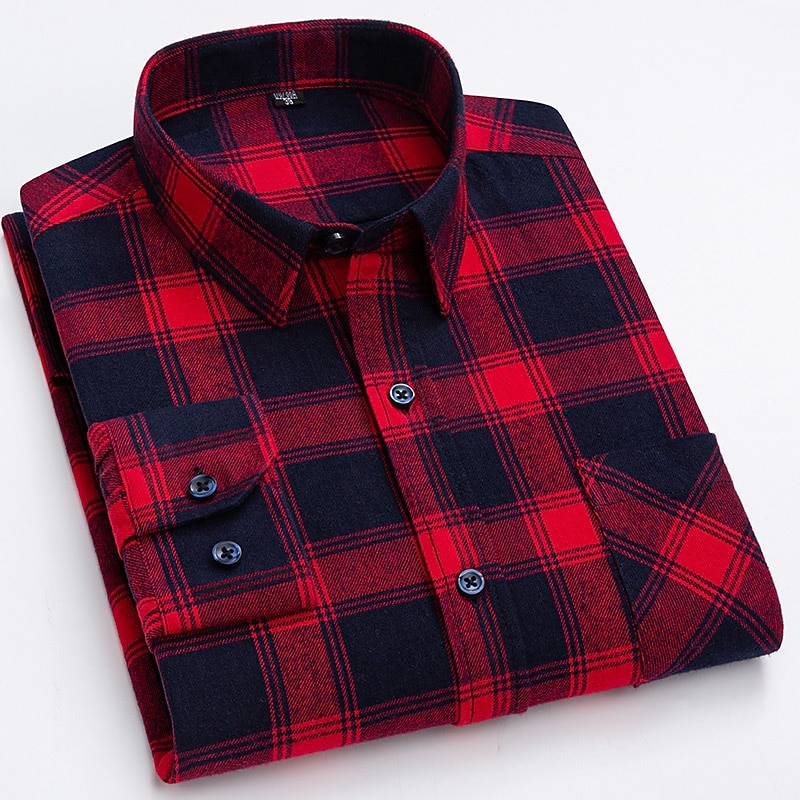 Men's Shirt Dress Shirt Plaid Office & Career Wedding Party Red Navy Blue Blue Orange Long Sleeve Lapel Spring &  Fall Clothing Apparel Front Pocket3