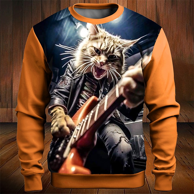 Music Festival Men's Color Block Cat Funny Sweatshirts Golf Pullover Sweatshirt Long Sleeve Sweatshirt Crew Neck Fashion Daily Casual 3D Print Vacation Holiday Going out Print Spring &  Fall