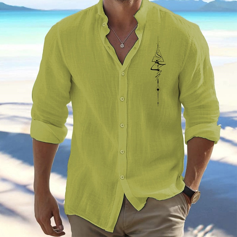 Men's Shirt Beach Shirt Button Up Shirt Symbol Outdoor Vacation Black White Pink Green Long Sleeve Standing Collar Spring &  Fall Clothing Apparel Print2