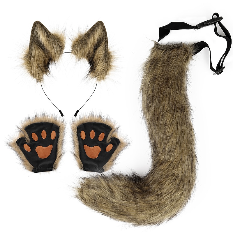 Cat Ears and Wolf Fox Animal Tail Cosplay Costume Faux Fur Hair Clip Headdress Halloween Leather Headband Gloves Tail Set4