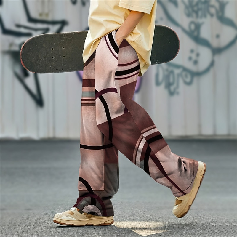 Geometry Casual Men's 3D Print Pants Trousers Outdoor Street Going out Polyester Pink Purple Brown S M L Mid Waist Elasticity Pants4