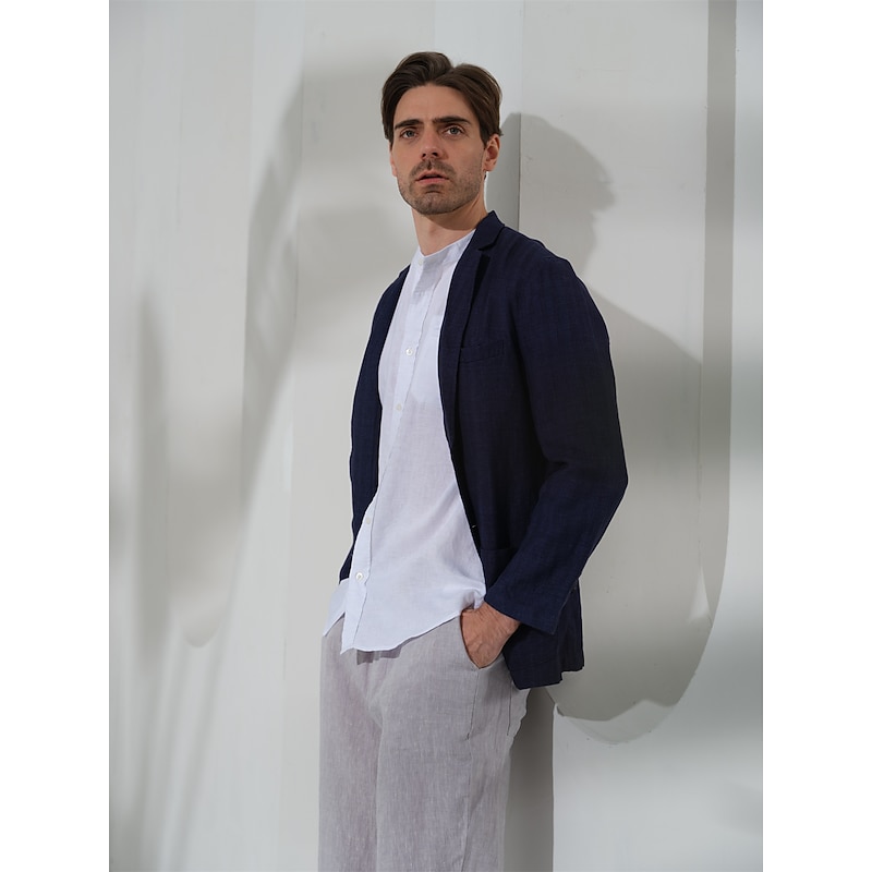 100% Linen Men's Linen Blazer Blazer Business Formal Evening Wedding Party Fashion Casual Spring &  Fall Plain Pocket Casual / Daily Single Breasted Blazer Black Dark Blue4