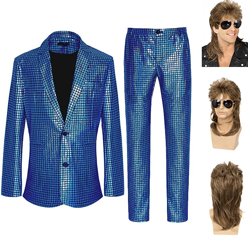 Set with Metallic Suits & Blazers Pants & Trousers Mullet Wigs 3 PCS 1980s Disco Rock Star Outfits Men's Abba Cosplay Costume Masquerade Performance Party Club2