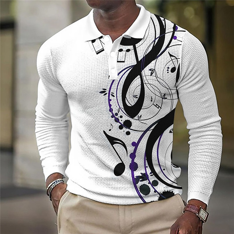 Music Festival Men's Music Waffle Polo Shirts Golf Shirt Long Sleeve Polo Shirts Collared Shirts Casual Vacation Wear Festival Wear Party Outfits Buttons 3D Print Fall & Winter Black White