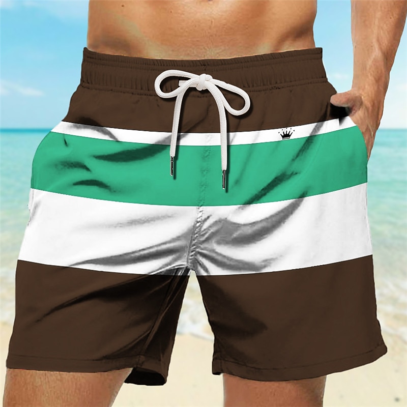 Men's Stripe 3D Print Swim Trunks Swim Shorts Board Shorts Mid Waist Vacation Hawaiian Holiday Vacation Holiday Beach Drawstring with Mesh lining Elastic Waist Designer Clothing Apparel4