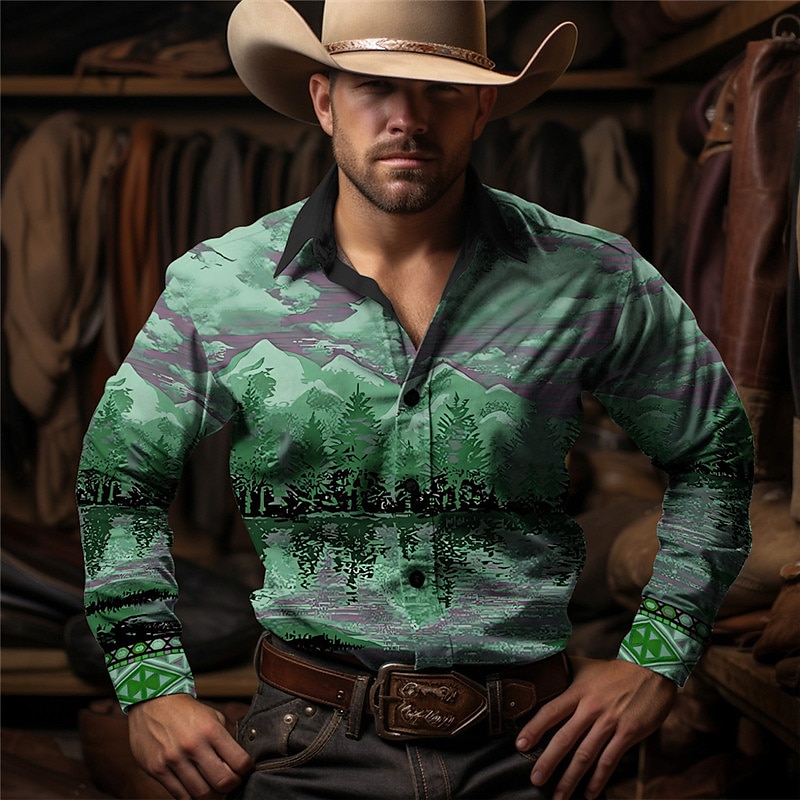 Men's Cowboy Western Shirt Button Up Shirt Cowboy Shirt Long Sleeve Vintage Western Style Casual Daily Spring Fall & Winter Turndown Collared Shirts 3D Print Front Pocket Brown Green Gray2