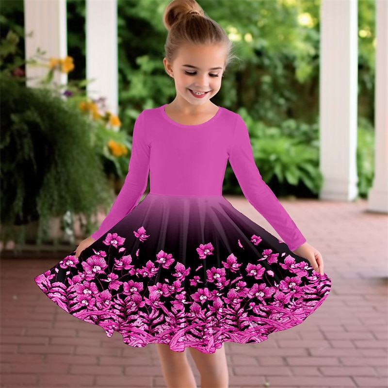 Girls' 3D Floral Dress Long Sleeve 3D Print Spring Fall Vacation Sports & Outdoor Daily Cute Casual Beautiful Kids 3-12 Years Casual Dress A Line Dress Above Knee Regular Fit